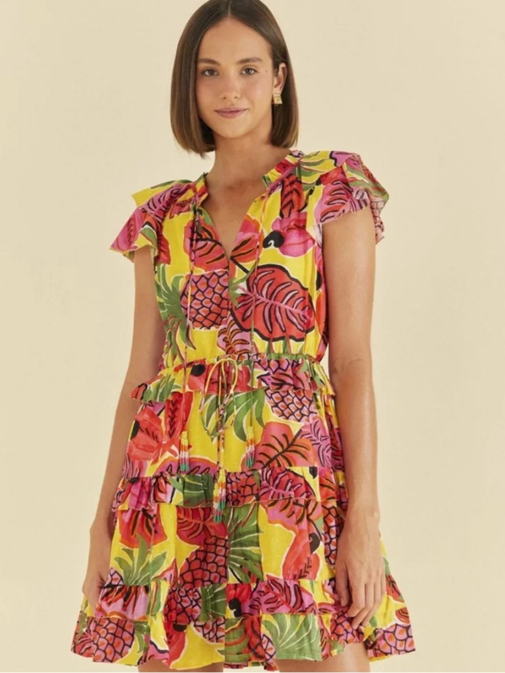 FARM Rio Yellow & Pink Tropical Ruffle Mini Dress - Picture 4 of 12